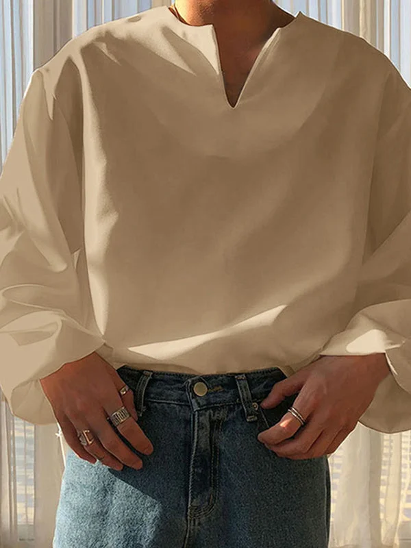 Aonga - Mens Solid Long Sleeve Notch Neck Shirt