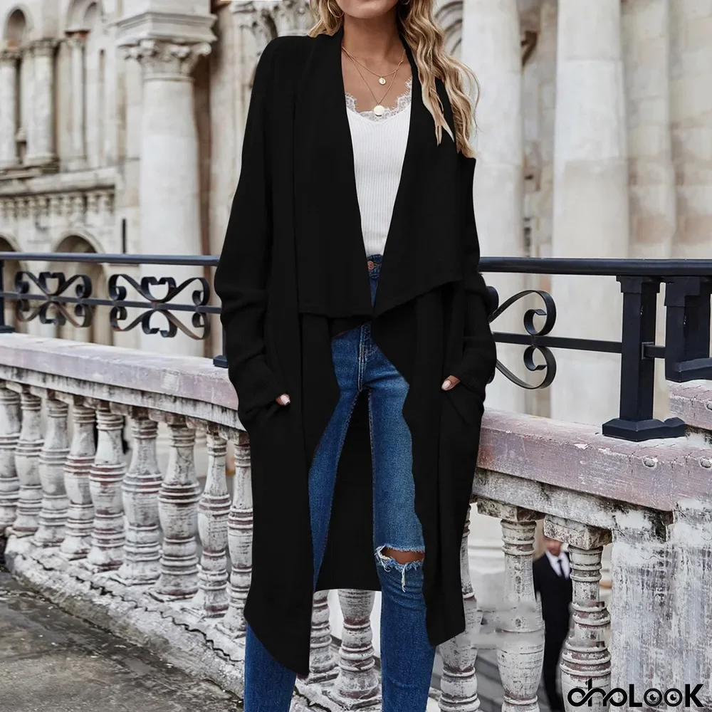 Women's Retro Autumn and Winter Lapel Oversized Solid Color Cardigan