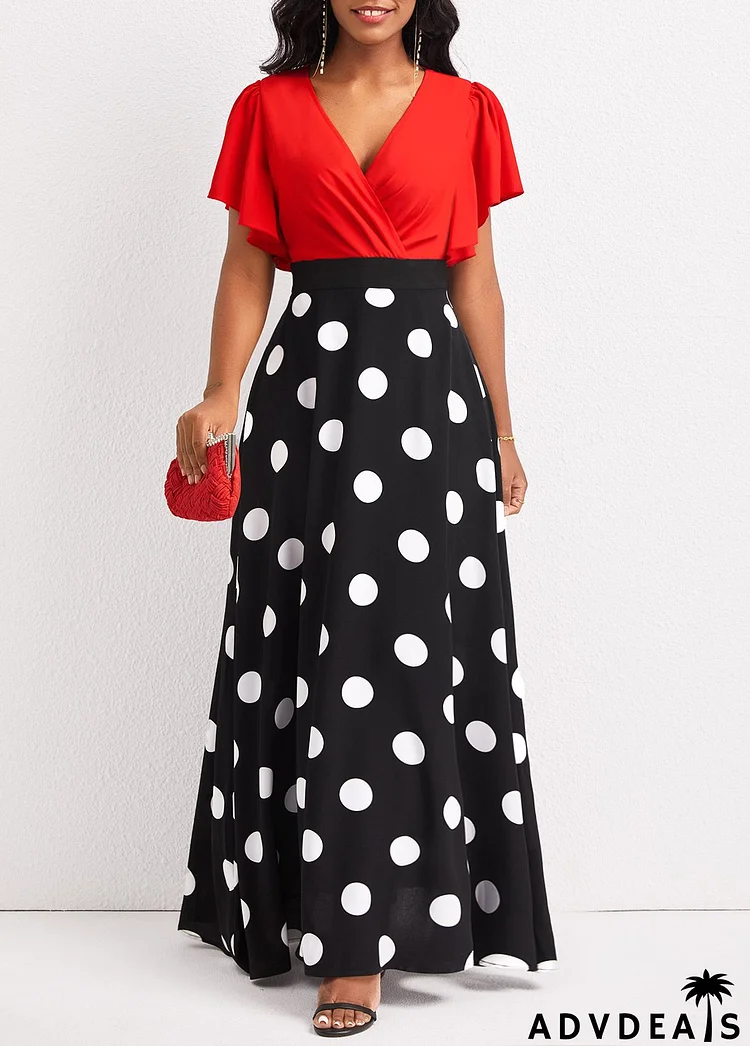 Black Patchwork Polka Dot Short Sleeve Maxi Dress