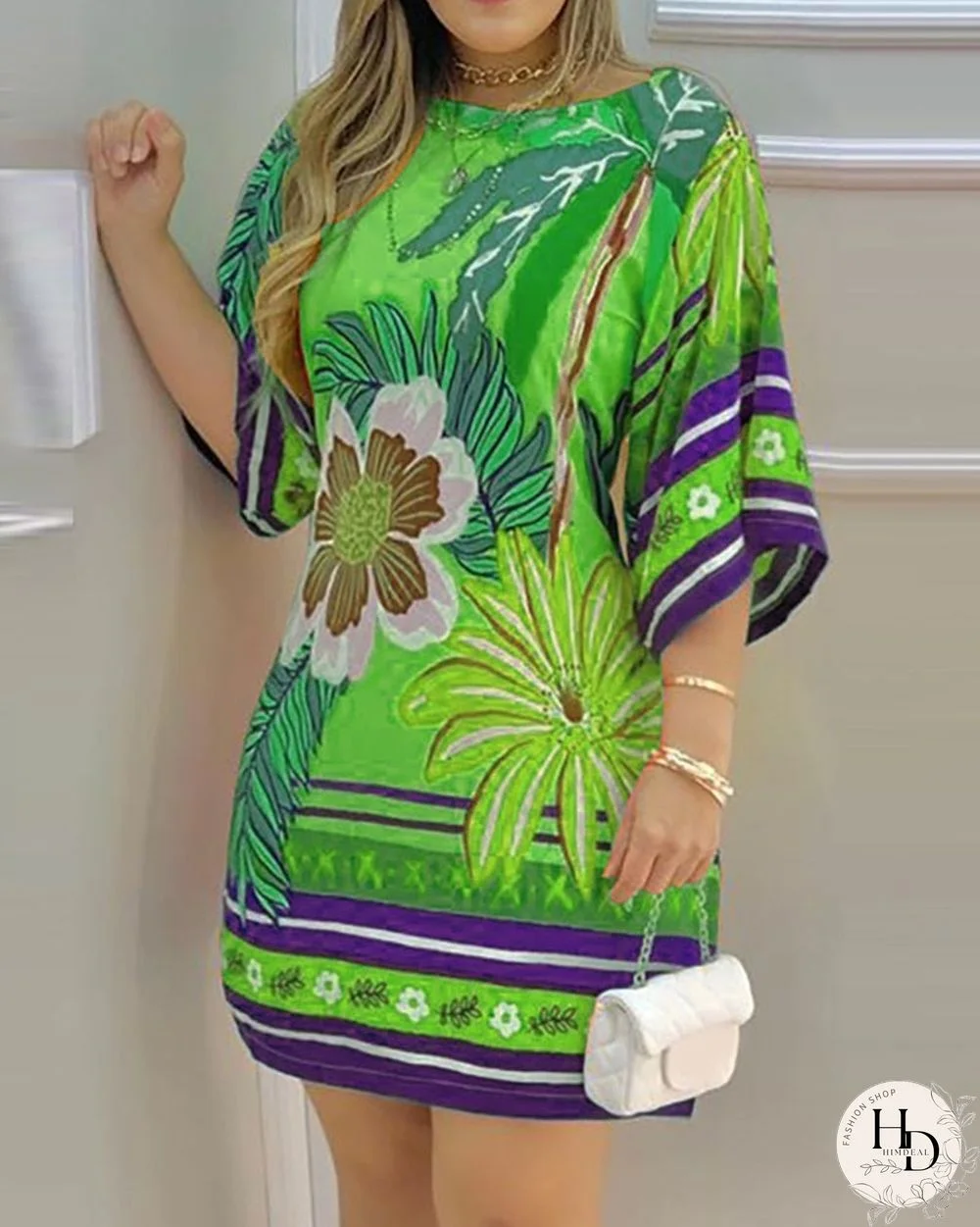 Summer Women's Mini Tropical Print Half Sleeve Casual Dress Round Neck Chic