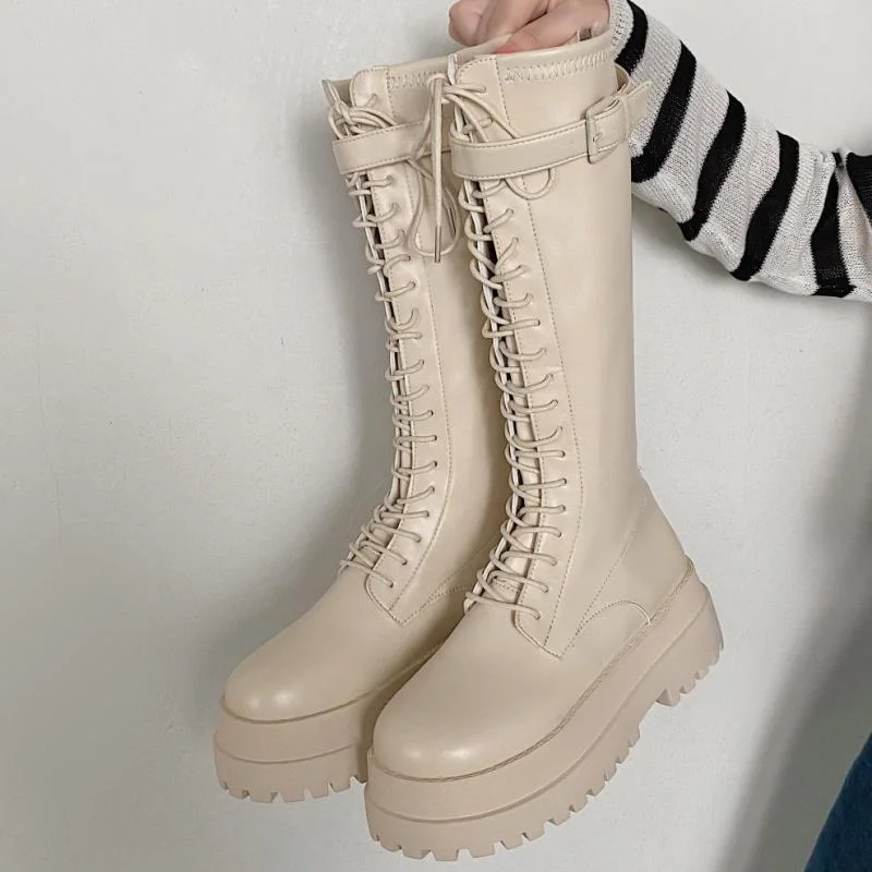 Fashion Women Cross Strap Pu Leather Boots Autumn Winter Knee High Ladies Thick Sole Platform Ytmtloy Botines De Mujer Sexy