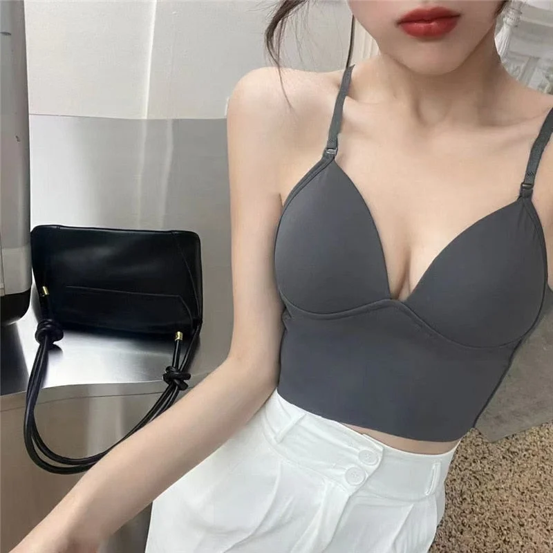 Sexy Deep V Satin Crop Tops Women T-shirt Cropped with Chest Padded Camisole Camis Korean Fashion Clothing Solid Tank Top