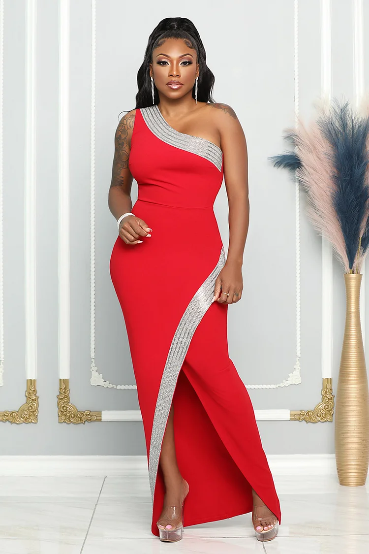 Rhinestone Trim One-Shoulder Straps Slit Front Gowns Sleeveless Maxi Dresses-Red