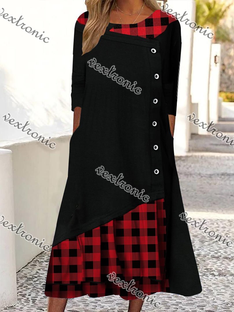 Women Red Long Sleeve Scoop Neck Printed Midi Dress