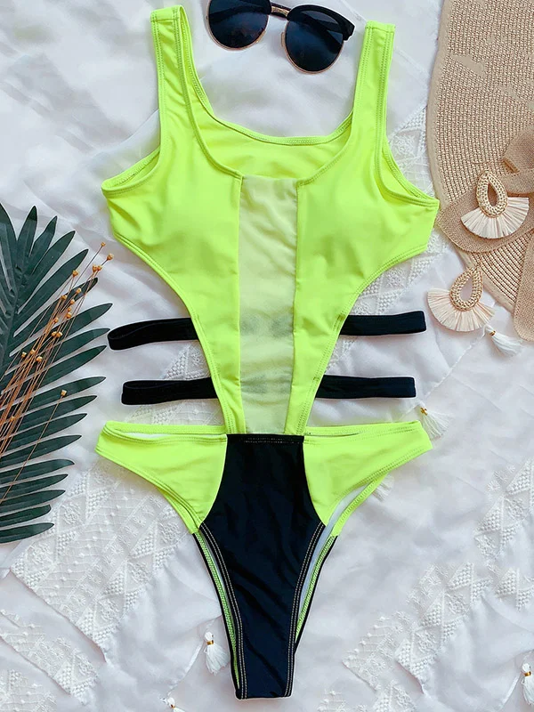 Sexy Contrast Color Split-Joint Backless One-Piece Swimwear 
