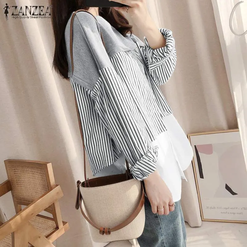 Fashion ZANZEA Autumn Striped Blouse Women Long Sleeve Fake Two Pieces Shirt Casual Pullover Oversize Blusas Patchwork Top Tunic