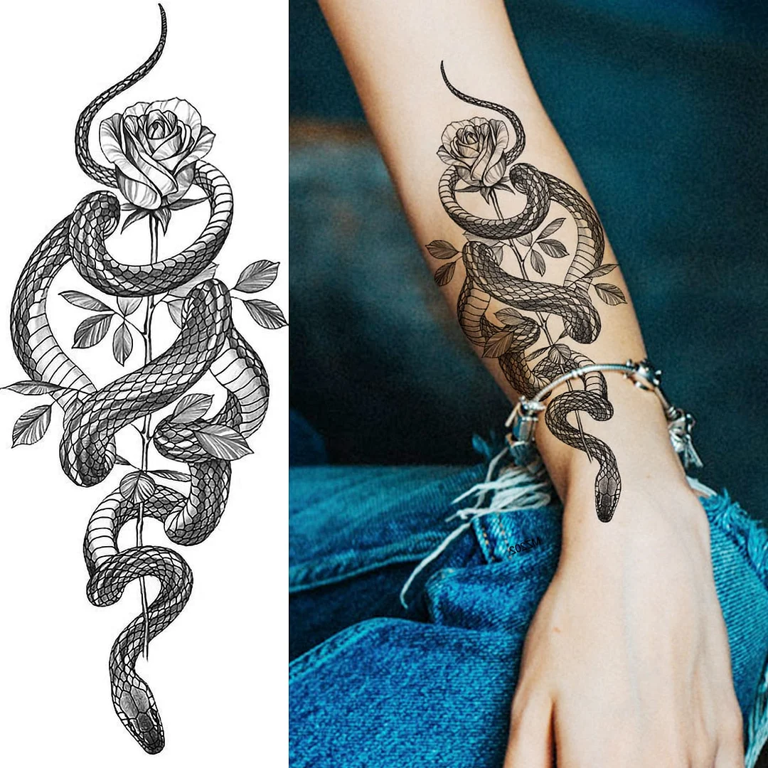 Realistic Snake Unique Forearm Temporary Tattoos For Men Adult Serpent Moon Fake Tattoo Waterproof Body Art Painting Tatoo Paper