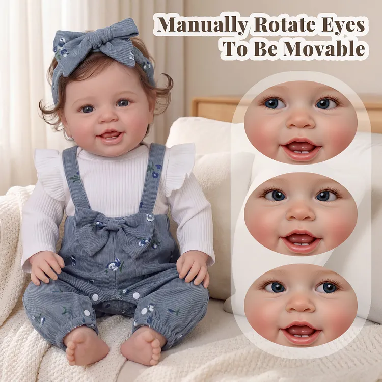 [Pre-Order] Upgraded Babeside Vead 20" Smiling Reborn Baby Girl &ndash; Movable Eyes, White Ruffle Top & Blue Bow Overall Outfit