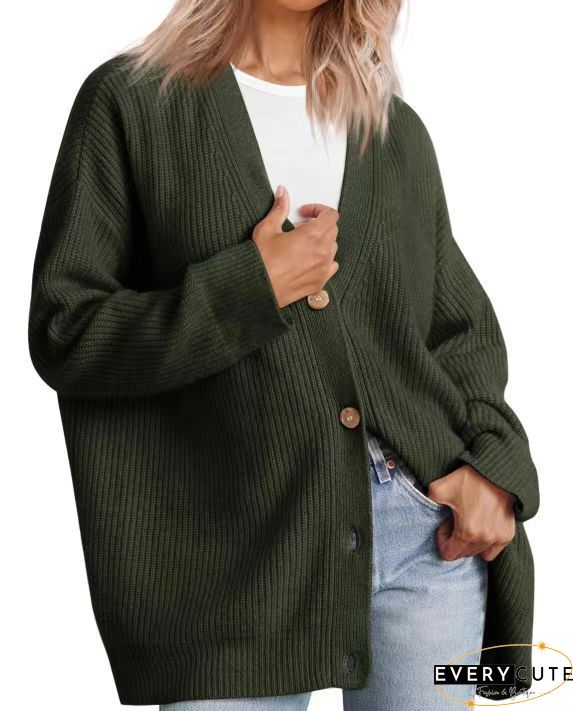 Khaki Drop Shoulder Buttons Front Long Cardigan