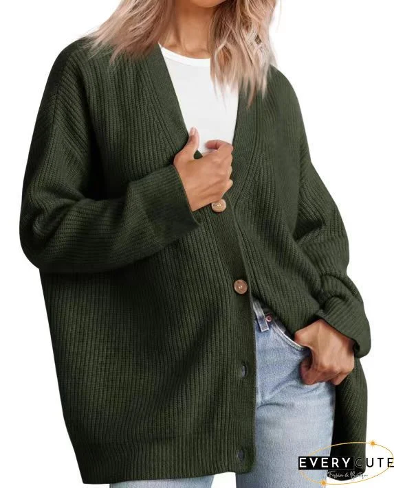 Khaki Drop Shoulder Buttons Front Long Cardigan