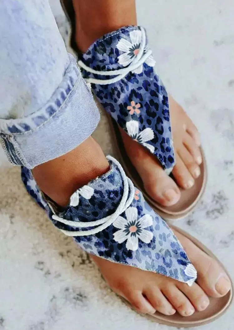 Floral Leopard Zipper Flat Thong Sandals - Blue