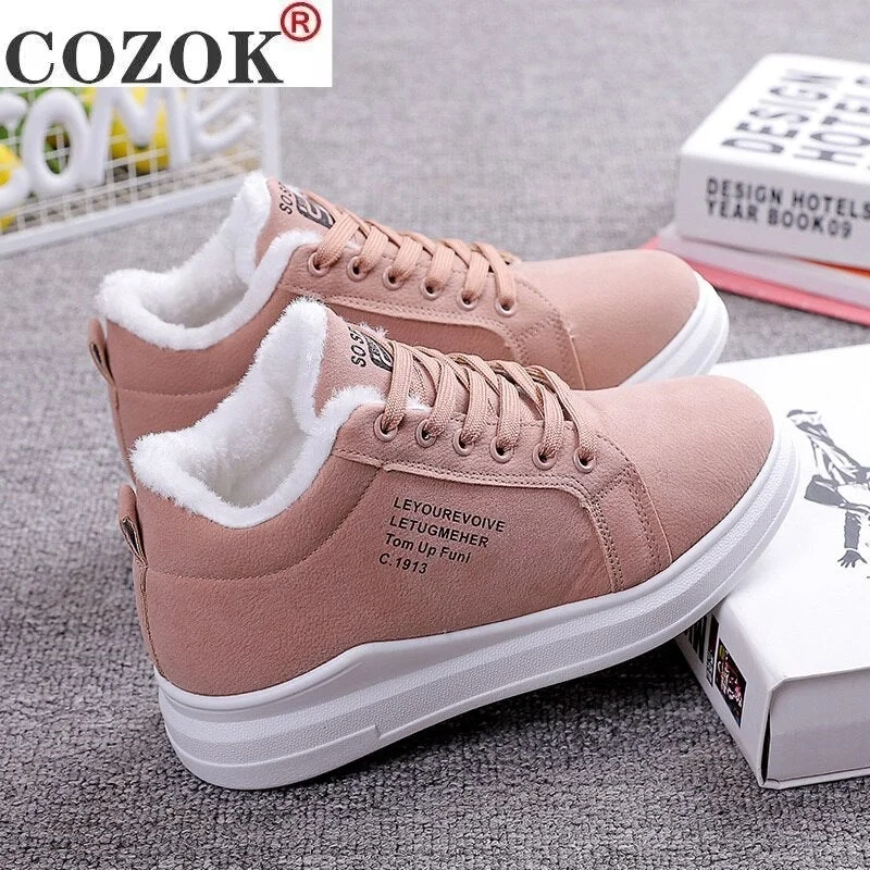 Winter Warm Women Vulcanized Shoes Fur Plush Casual Shoes Lace Up Fashion Platform Sneakers Women Snow Boots Zapatillas Mujer 1228-1