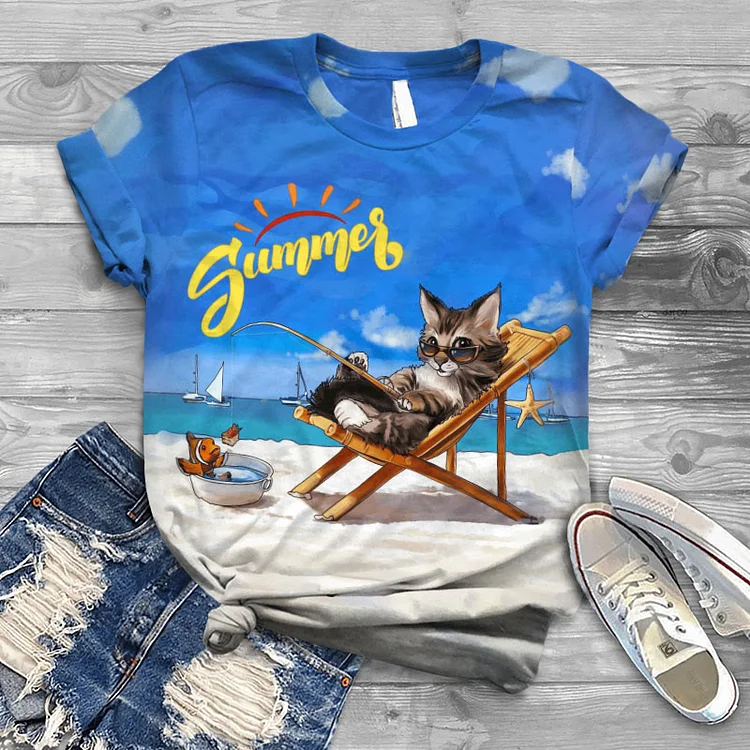 Summer Vacation Seaside Fishing Leisurely Cat Print Short-sleeved T-shirt
