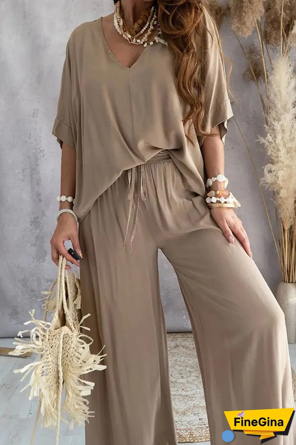 Camel Casual Print Patchwork V Neck Half Sleeve Two Pieces
