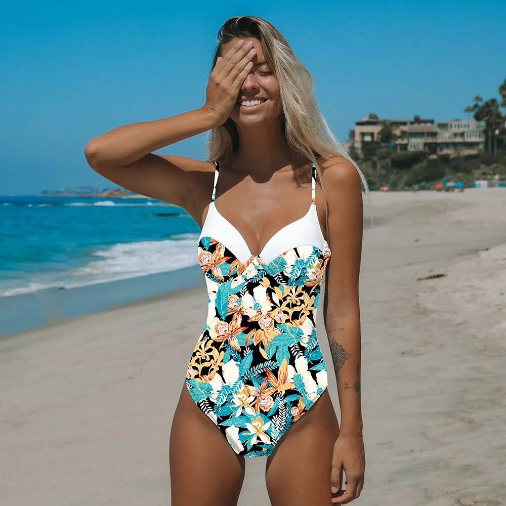 2020 New Sexy One Piece Swimsuit Female Printed Floral Halter Bandage Brazilian Swimwear Women Bathing Suits Swimming Beach Wear