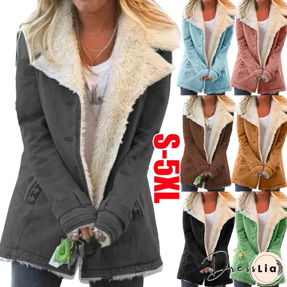 Women Fashion Faux Fur Lining Turn-Down Collar Outerwear Women Autumn Winter Warm Jacket Solid Color Slim Fit Coats S-5XL
