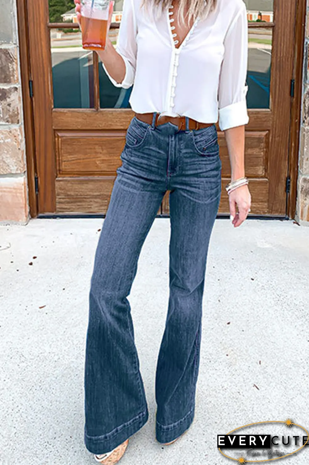 Casual Solid Split Joint Boot Cut Denim Jeans