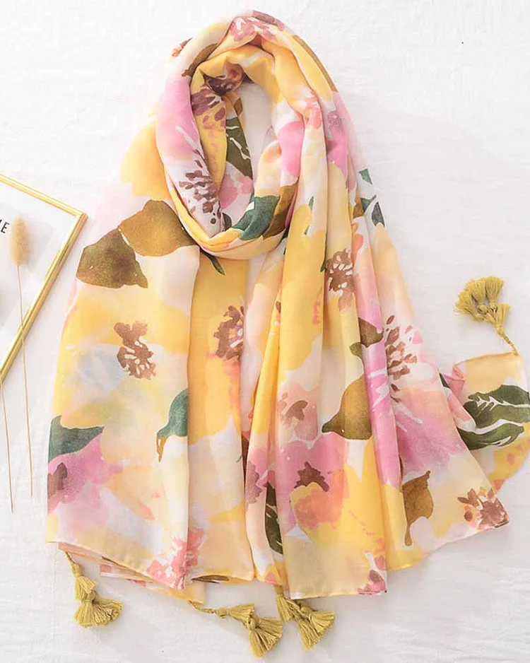 Floral Print Stylish Fringe Scarf