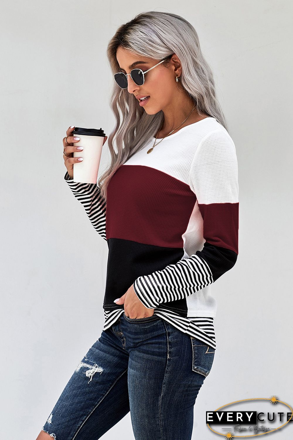 Wine Stylish Colorblock Splicing Stripes Top