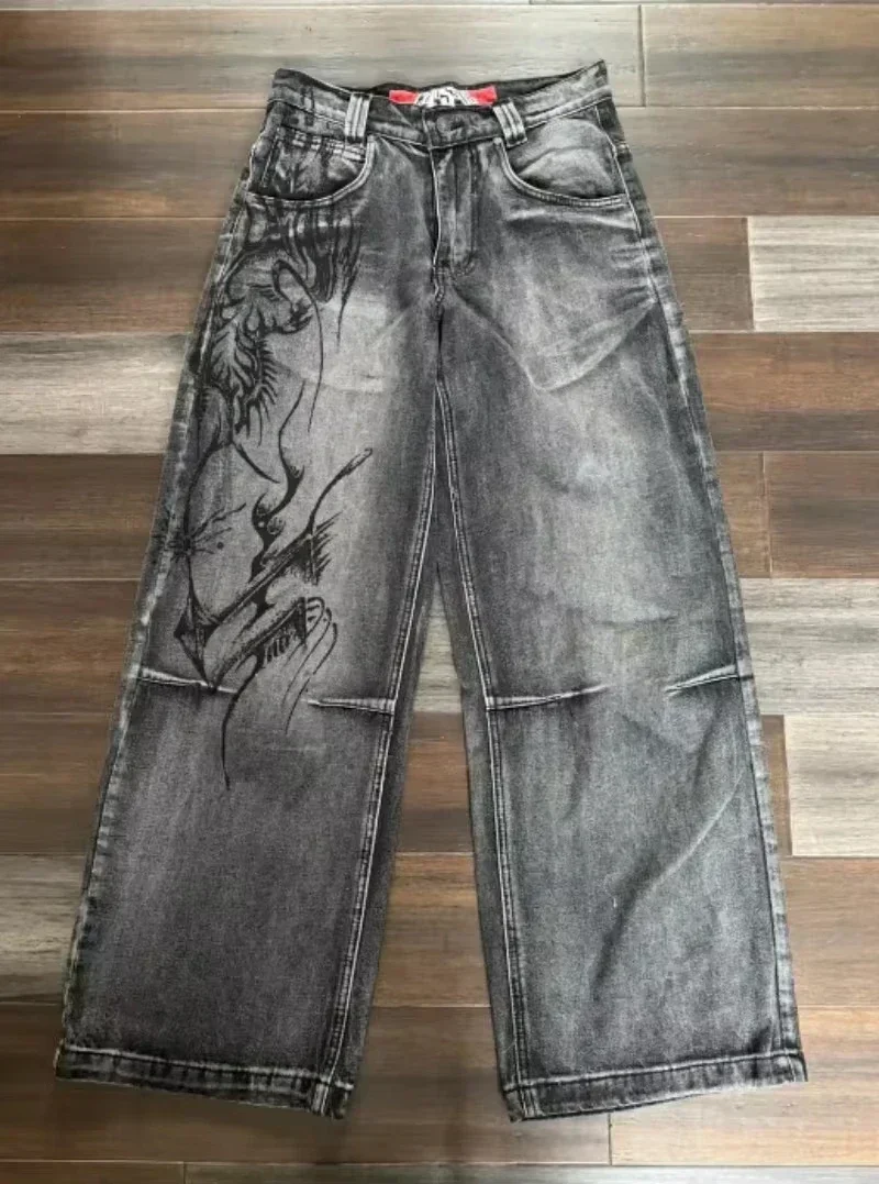 Edubridgesmart American Y2K New Fashion Punk Pattern Embroidered Straight Jeans Women Street Casual Loose Oversized Wide-leg Pants Couple Jeans
