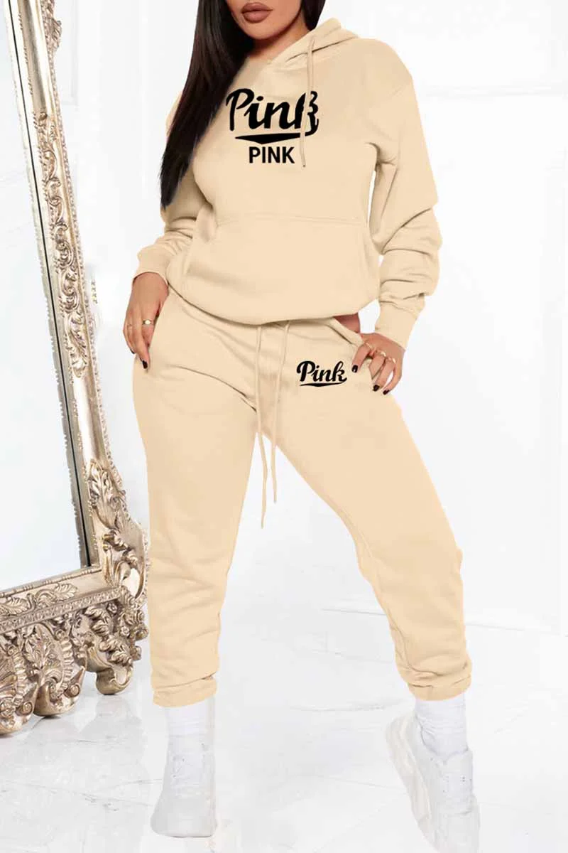 Street Print Letter Hooded Collar Long Sleeve Two Pieces