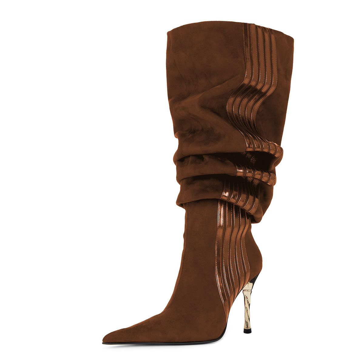 Brown Pointed Toe Stiletto Heel Mid-Calf Slouch Boots with Stripes Nicepairs