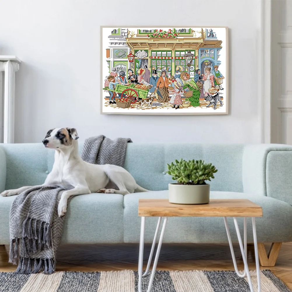 DIY Stamped Cross Stitch 14CT Partial Embroidery 48*36cm - Bustling Street Market