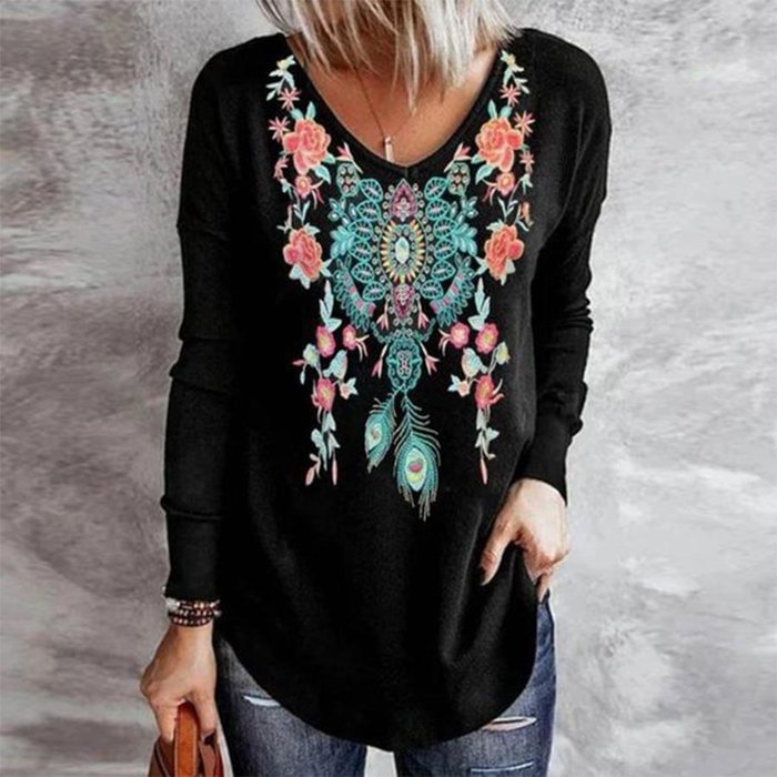 Women's Floral Print Ethnic Style Long Sleeve T-Shirt
