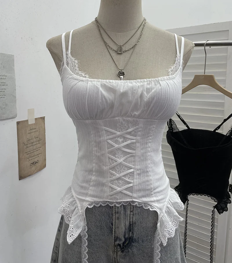 Nigikala Nigikala Outside Wearing Hottie Fake Two Splicing Lace Slings Vest Short Sleeveless Top 12282