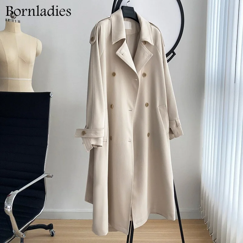 Bornladies 2021 Autumn Oversized Women Trench Coat Elegant Full Sleeve Belted Female Overcoat Double-breasted Long Women Jacket