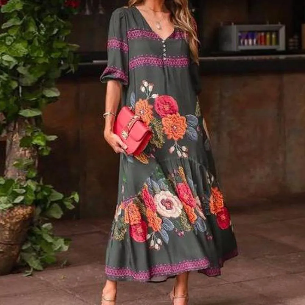 Temperament V-Neck Print Maxi Dress-vocosishoes