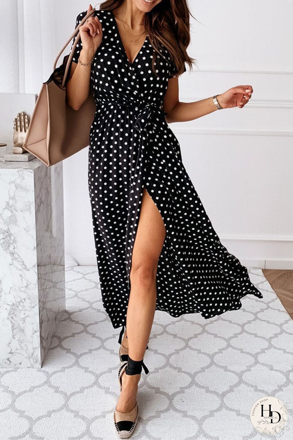Fashion Sexy Dot Slit V Neck Printed Dresses