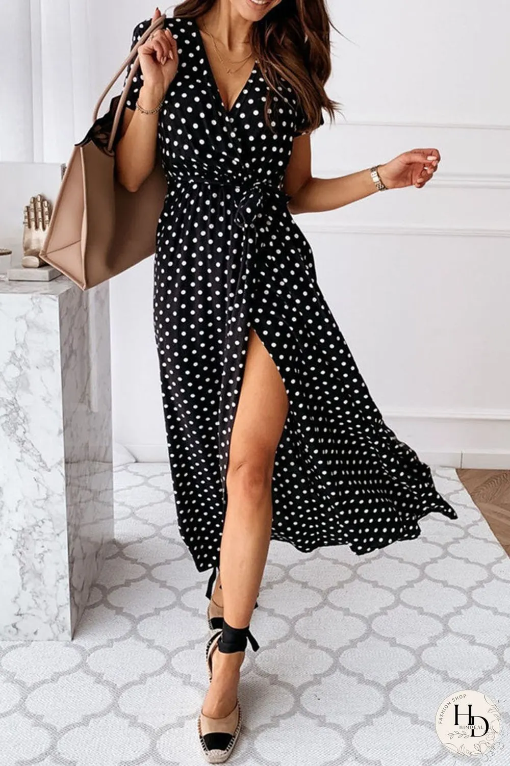 Fashion Sexy Dot Slit V Neck Printed Dresses