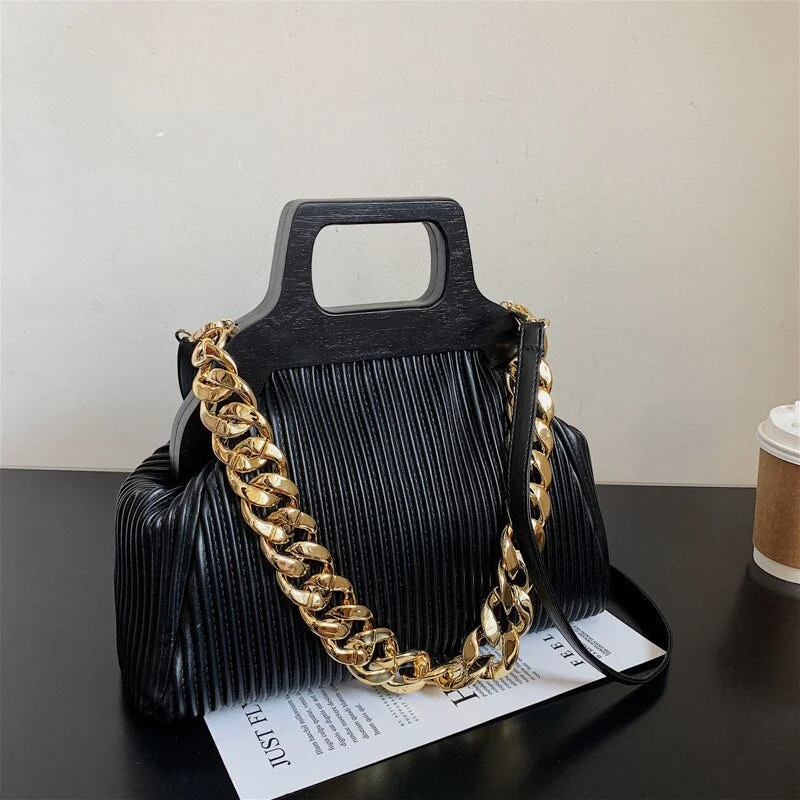 Thick Chain Small PU Leather Shoulder Crossbody Bags With Short Wooden Handle For Women 2021 Winter Luxury Simple Lady Handbags