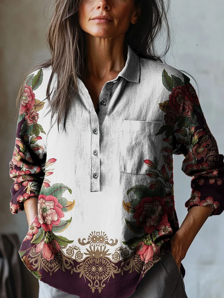 Women's Vintage Flower Art Print Casual Cotton And Linen Shirt