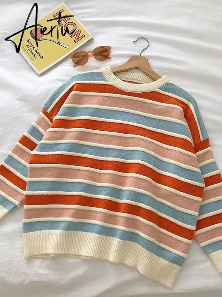 New Women Stripe Sweater Autumn Winter Loose Long Sleeve Pullover Tops Korean Ladies Knitted Patchwork Korean Sweaters Aiertu