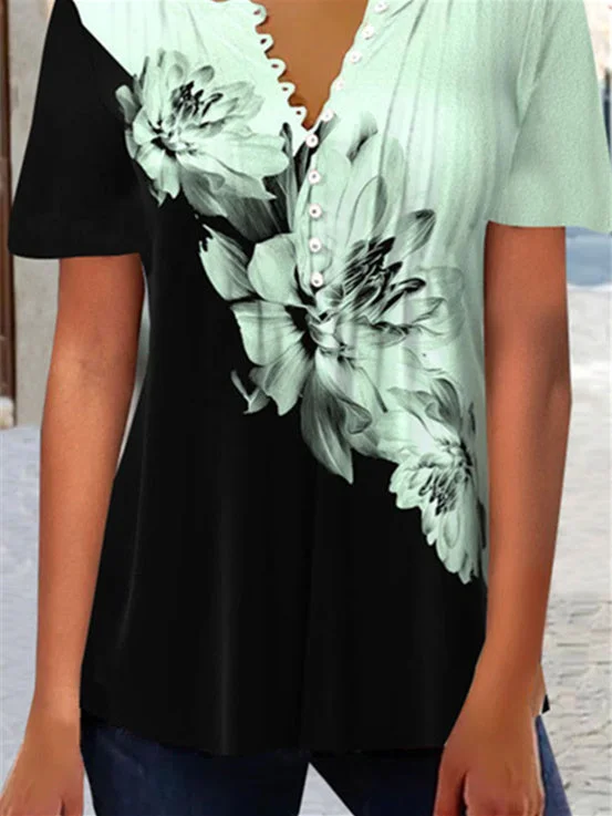 Women's Elegant Floral Printed Short Sleeve V-neck Tops