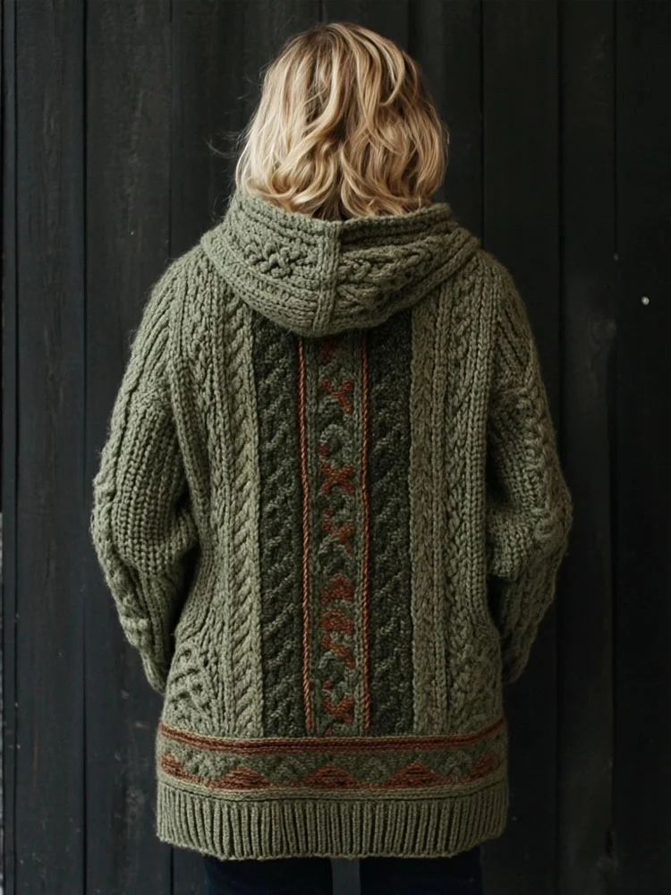 Vintage Irish Celtic Jacquard Cozy Chunky Hooded Cardigan