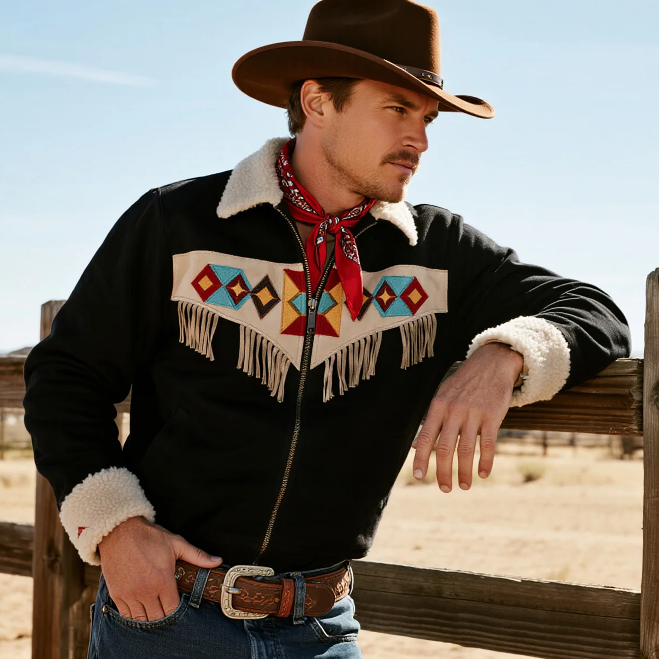 Retro Western Cowboy Style Tassel Contrast Color Stitching Lapel Long Sleeve Top Jacket