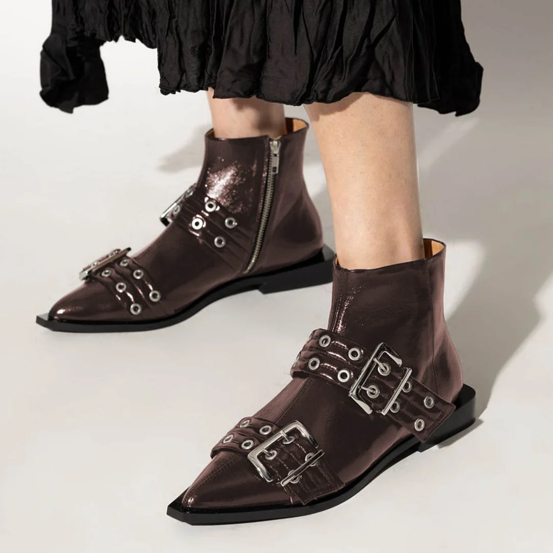 Brown Vegan Leather Pointed Toe Grommets Strap Flat Ankle Boots