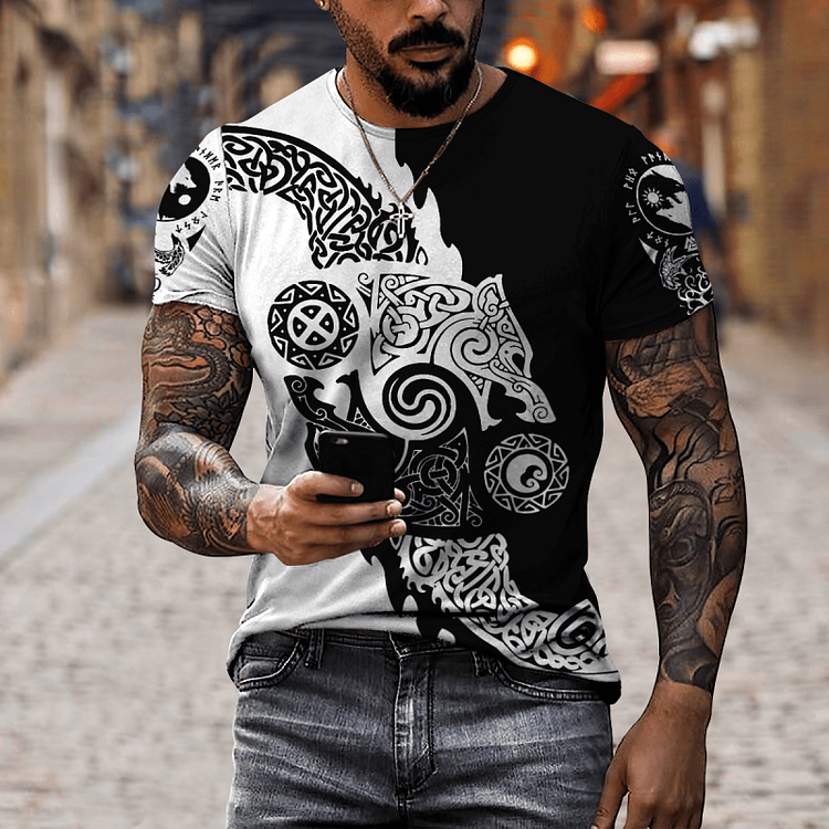 Viking Symbol Raven Tattoo Pattern Summer Short Sleeve Men's T-Shirts at Hiphopee