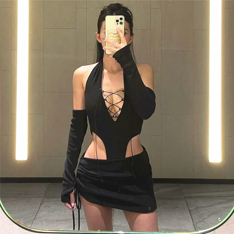 Uveng Uveng Summer New Sexy Back Hanging Neck Hollow Out Strap Suit Skirt Woman