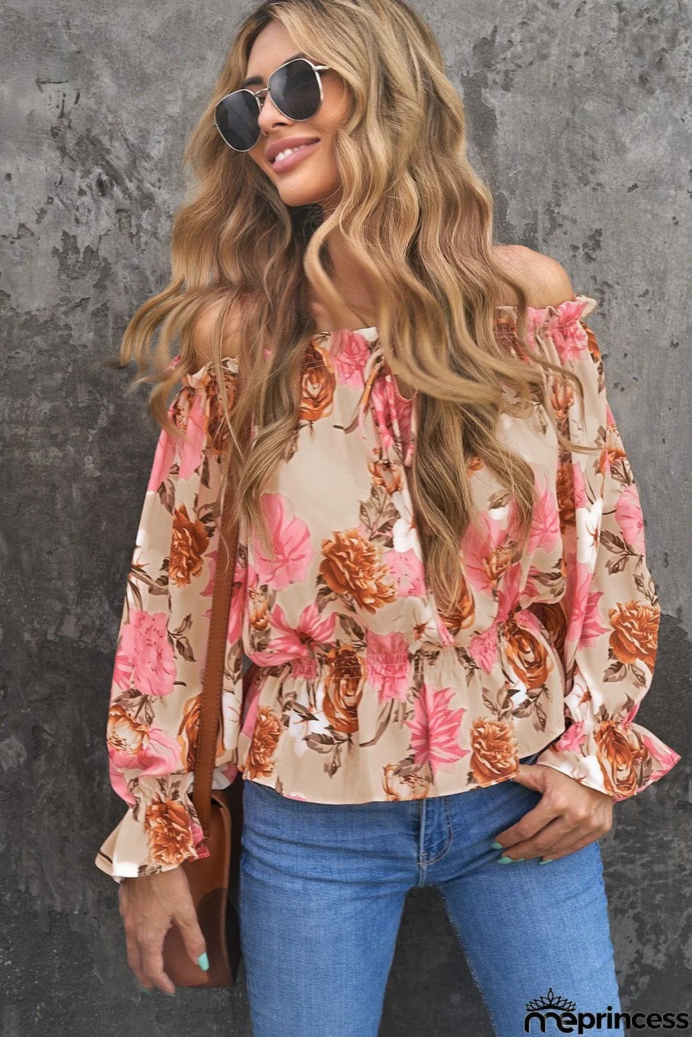 Chic Pink Floral Print Off the Shoulder Long Sleeve Blouse