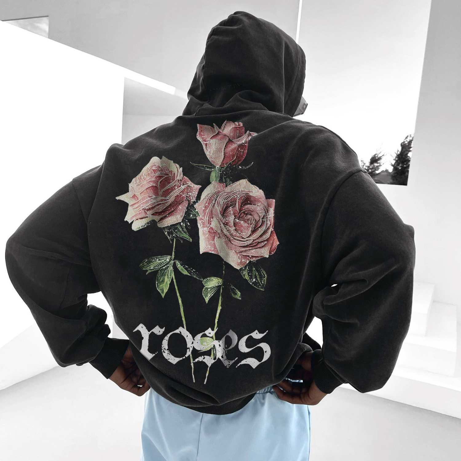 Men's Vintage Letter Rose Design Oversized Hoodie