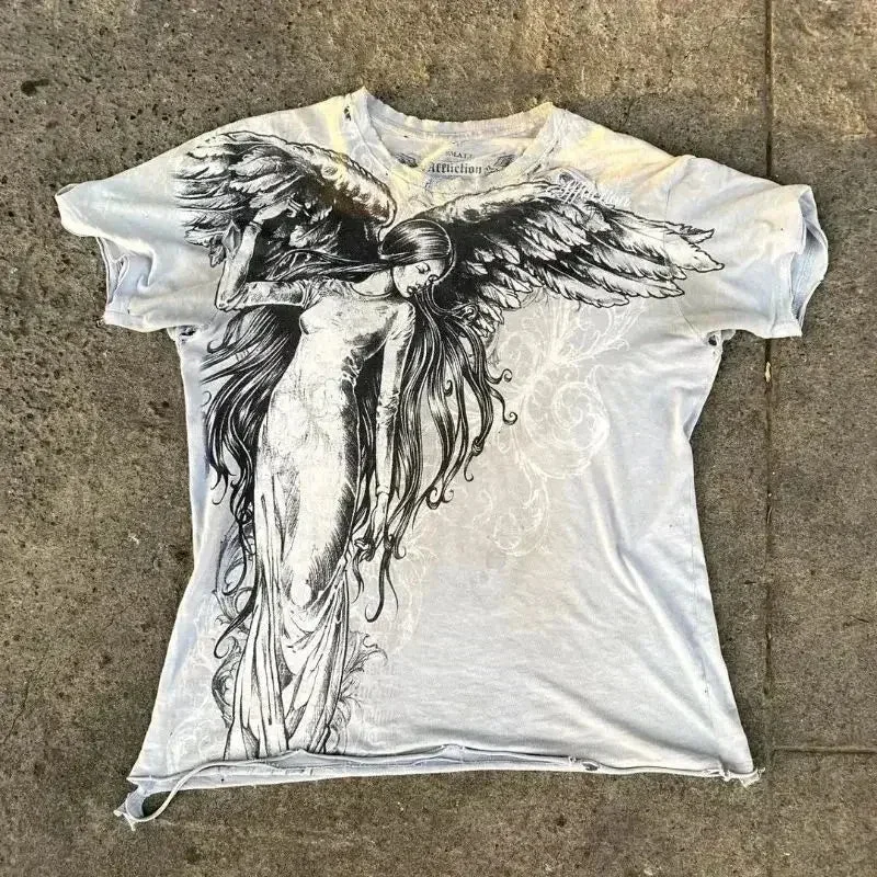 Aonga Y2K Affliction T shirt Men Women Hip Hop skull Printed Round Neck Oversized T shirt Short Sleeved Goth Clothing Tops Streetwear aonga