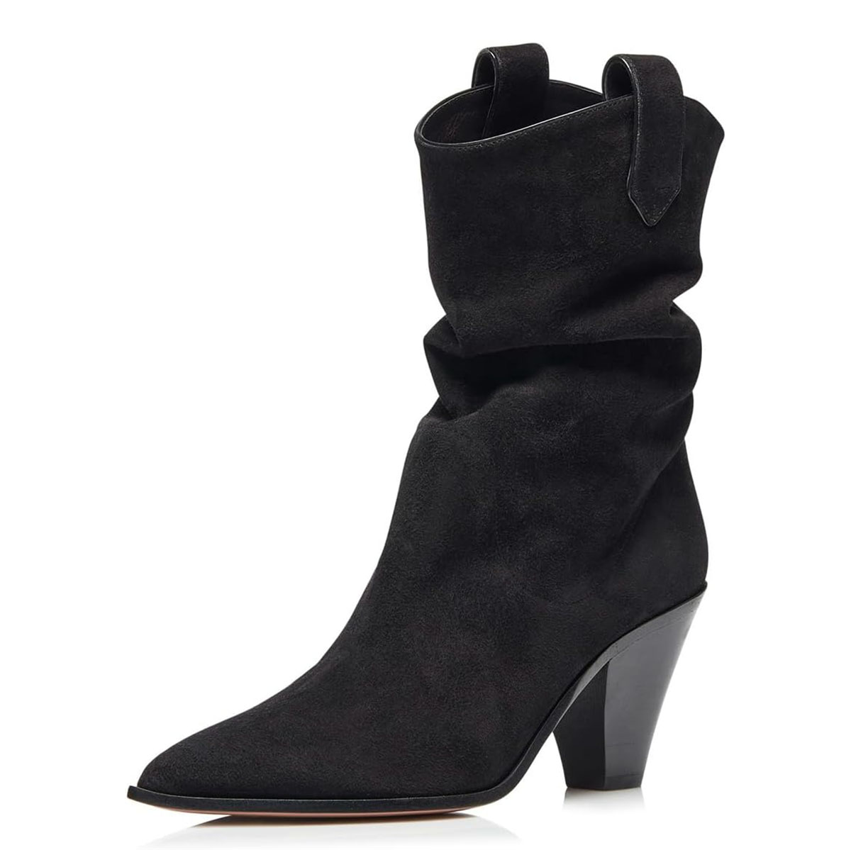 Black Vegan Suede Pointed Toe Cone Heel Pull Tab Mid Calf Boots Nicepairs