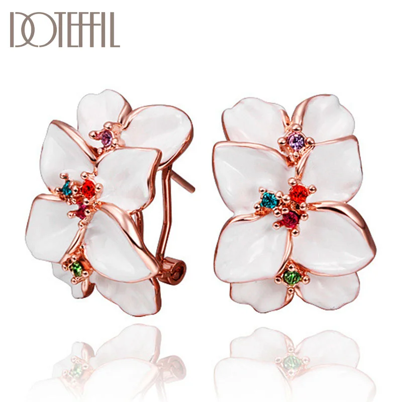 DOTEFFIL 925 Sterling Silver Rose Gold Multicolor AAA Zircon petal Charm Earrings Women Jewelry 