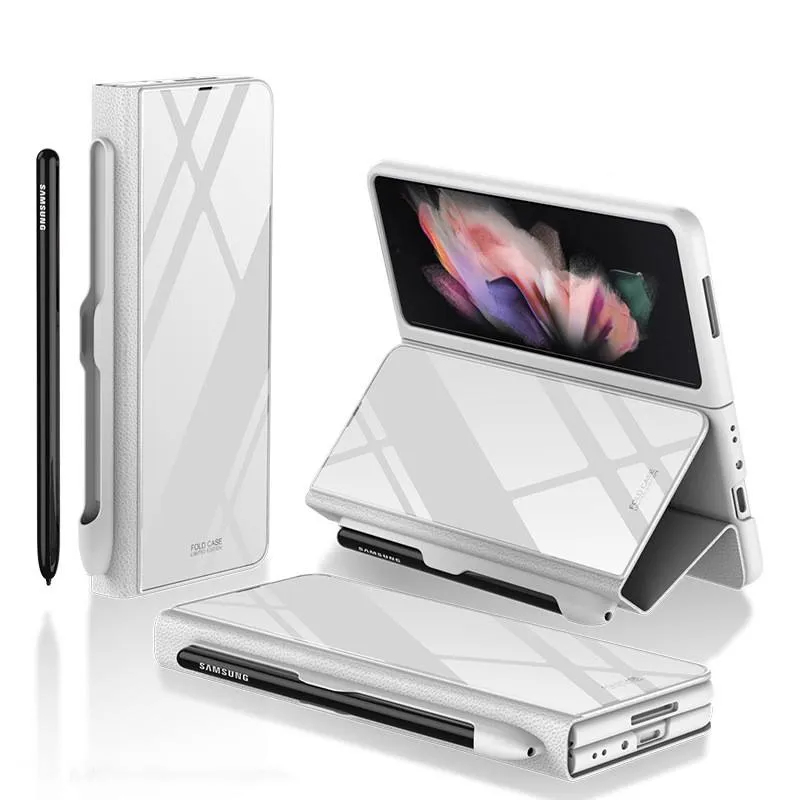 For Samsung Z FOLD5/4/3 S Pen Tray Leather and Tempered Glass Carbon Fiber Flip Cover