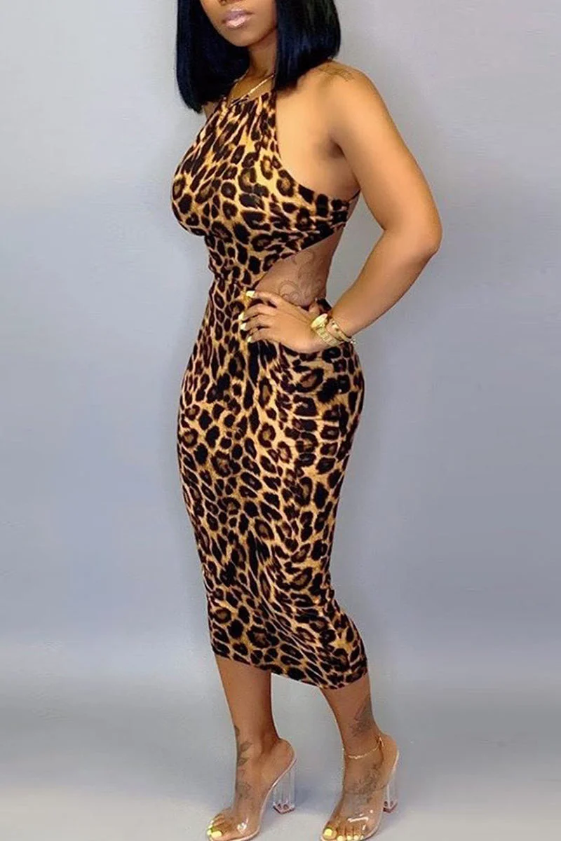 Sexy Off The Shoulder Sleeveless O neck Step Skirt Mid-Calf Print hollow out Leopard