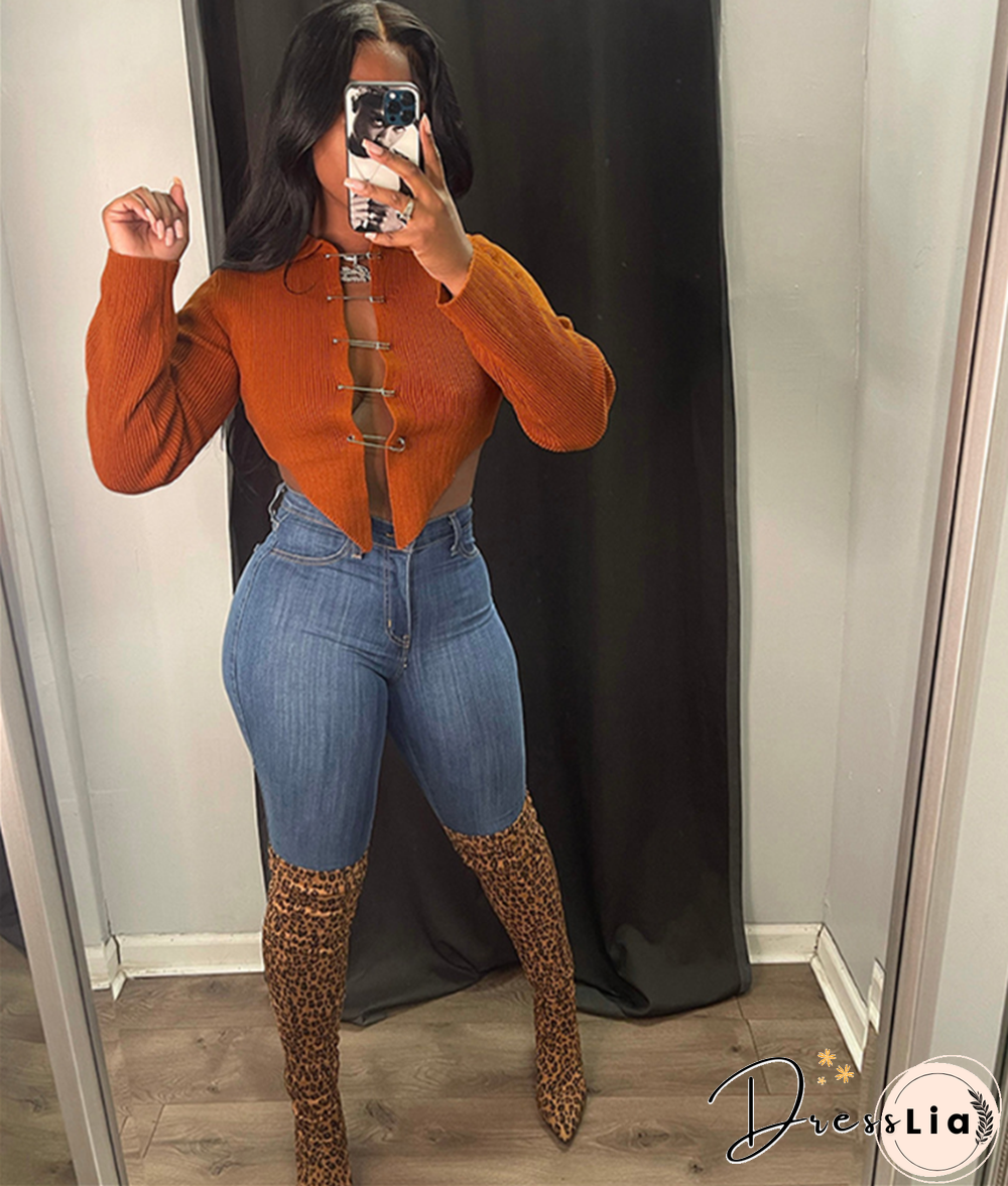 Ribbed Knitted Long Sleeve Pin Up Cardigan Crop Tops